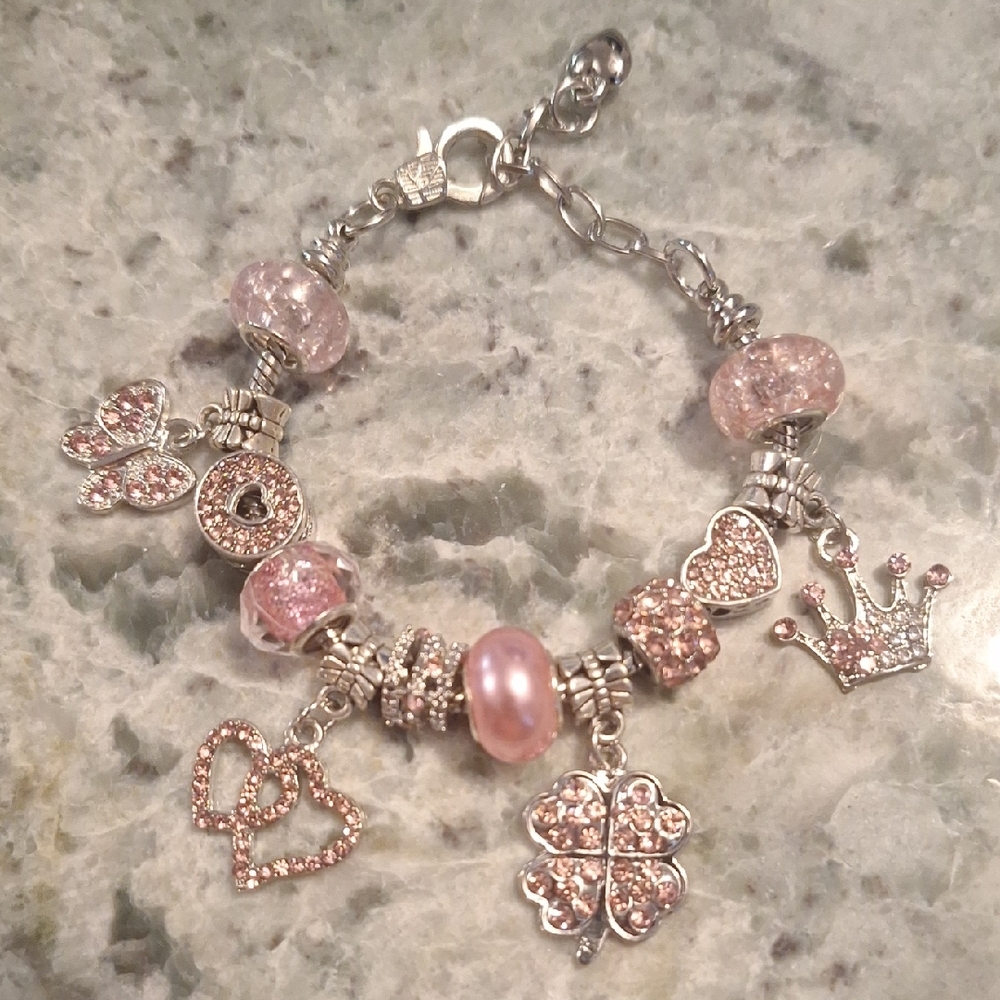 Elegant Silver and Pink Charm Bracelet